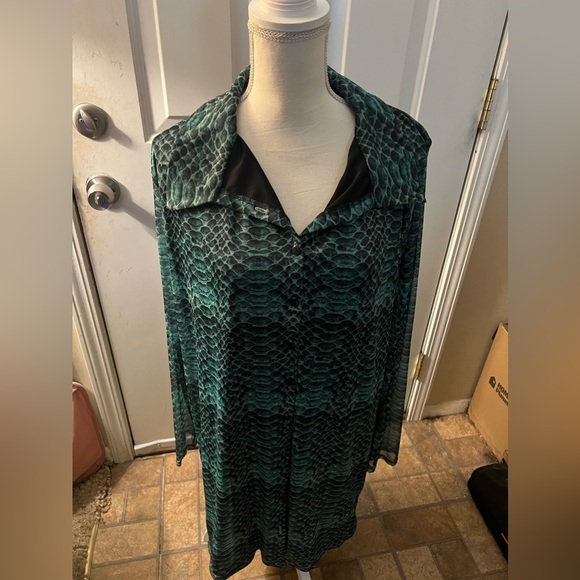 PrettyLittleThing Dresses & Skirts - PRETTYLITTLETHING PLUS Teal snake Mesh button down shirt dress size 22!